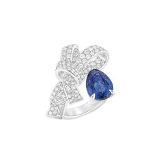 Chanel high jewellery Ruban ring in white gold with diamonds and a 4.7 carat pear-cut sapphire from the new Les Intemporels de Chanel collection. Luxury Sapphire Ring Fine Jewelry, Luxury Sapphire Channel Set Diamond Ring, Luxury Blue Rings With Channel Set, Luxury Blue Channel Set Sapphire Ring, Luxury Blue Channel Set Jewelry, Ribbon Jewellery, Jewellery Expensive, Chanel Jewellery