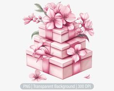 pink flowers and gifts stacked on top of each other with the words png transparent background