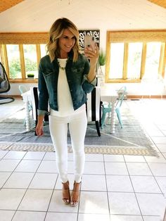 How to Wear a White Top and White Jeans // What to Wear with White Jeans // What to Wear with a Denim Jacket // The Perfect Date Night Outfit // Trending Wedge Sandals perfect with any outfit this Spring and Summer // Outfit of the Day // Spring Fashion // Summer Fashion #shopthelook #howto #howtowearawhitetopandwhitejeans #whattowear #whattowearwithwhitejeans #denimjacket #whattowearwithadenimjacket #datenightoutfit #trendingsandals #wedgesandals #trending #ootd #summerfashion #springfashion... Mode Ab 50, Looks Jeans, Trendy Swimwear, Color Fashion, Ladies Dress Design, Spring Summer Outfits