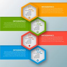 three colorful hexagons with infographics on the top and bottom