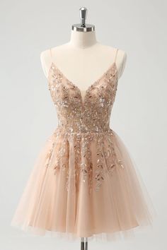 Amzcw Blush A Line Spaghetti Straps Sequin Tulle Homecoming Dress with Beading Champagne Prom Dress Mermaid, Classy Homecoming Dress, Red Homecoming Dresses Short, Pink Prom Dresses Short, Homecoming Dresses Under 100, Gold Dress Short, Pink And Gold Dress, Unique Homecoming Dresses, Dama Dresses