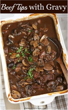 beef tips with gravy in a casserole dish