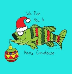 a cartoon fish with a santa hat on it's head and a christmas ornament