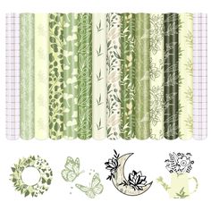 a set of green and white paper with flowers