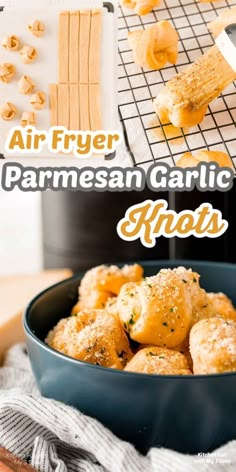 air fryer parmesan garlic knots in a blue bowl with text overlay