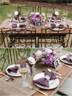 the table is set with purple napkins and place settings for an elegant wedding reception