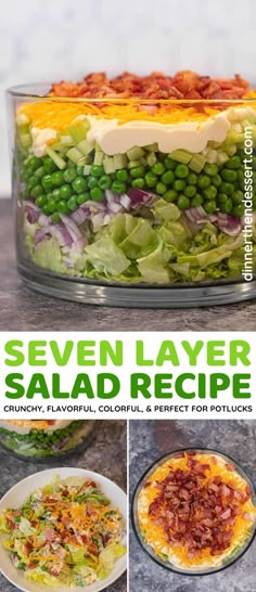 seven layer salad recipe in a glass dish on a counter top with the title above it