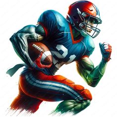 a painting of a football player running with the ball in his hand and wearing a helmet