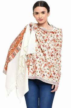 Women White Kashmiri Aari Embroided Cashmilon Stoles Shawls Wraps 30" X 80" - Care Instructions: Dry clean only - Heavy Jaal Aari Embroided Cashmilon Kashmiri Stoles - Size: 75 cm x 200 cm ( 0.75 meter x 2 meter)  - Pairing - finish off your fashion wear with something that's sure to get you noticed. These exclusive pattern and color combinations can be paired with your favorite coat, jacket, sweater, or suit. Lay this shawl over your shoulders for those long relaxing shopping days or wrap it ar White Pashmina Dupatta Shawl, Festive White Pashmina Shawl, White Embroidered Pashmina Shawl In Traditional Drape, Festive White Pashmina Dupatta, White Pashmina Shawl With Traditional Drape, White Pashmina Shawl In Traditional Drape, White Pashmina Dupatta, White Shawl With Motifs Traditional Drape, Festive White Shawl With Motifs