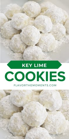 a plate full of cookies with the words key lime cookies on top and below it