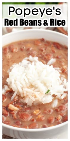 red beans and rice in a white bowl with text overlay that reads pope's red beans and rice