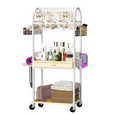 a white shelf with lots of cosmetics and other items on it's wheels,