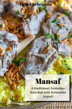 a close up of food on a plate with words above it that reads mansaf, traditional jordanian rice dish with fermented yogurt