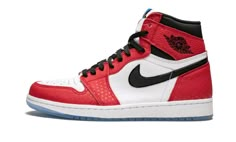 The Spider-Man x Air Jordan 1 “Origin Story” is a special edition of Michael Jordan's first signature shoe that celebrates the 2018 release of the Marvel movie “Spider-Man: Into the Spider-Verse. ” Using the blueprint of the original “Chicago” colorway that is worn by the character Miles Morales in the film, the design features a white and and red leather upper with a few modifications inspired by Spider-Man.  The red leather panels on the upper feature a tonal dot print that is also reflective, Sepatu Air Jordan, Red Jordans, Jordan Ones, Dr Shoes, Origin Story, Jordan Red, Jordan 1 High Og, Air Jordan 1 Retro High Og, Air Jordan 1 Retro High