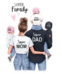 the back of a woman's shirt that says super mom and two children wearing matching shirts