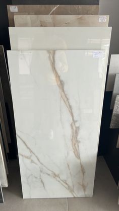 white marble with brown veining on the bottom and sides in a store display case