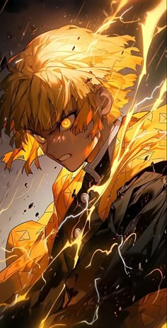 an anime character with yellow hair and lightning in his hand, looking at the camera