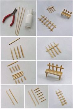 several pictures of different types of wooden pegs and tools to make a bench out of popsicle sticks