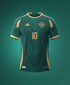 the soccer jersey is designed to look like it has been worn in green and gold
