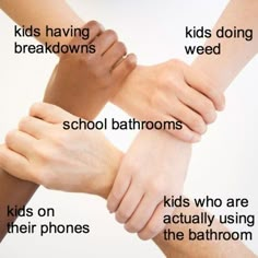 four hands holding each other with the words kids having breaks, school bathrooms, kids who are actually using the bathroom