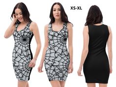 Catch your prey with this spider web dress this Halloween! Bodycon fitted spandex soft, stretchable and comfortable gray and black spiderweb cobweb dress for women. XS-XL. Great for Halloween costume party, Cosplay outfit, themed Birthday party, events, conventions, or as a comfortable everyday wear. Print: gray and black spiderweb in the  front, solid black back  The dresses are made from premium quality butter soft, smooth and comfortable fabric which is stretchy, light, breathable and sturdy, Insect Fashion, Halloween Dresses, Witch Cosplay, Women Cosplay, Wedding Skirt, Black Spider, Dress Halloween Costume, Halloween Party Costumes, Halloween Spider