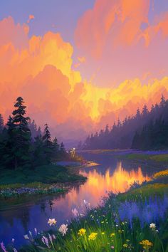 a painting of a sunset over a lake with wildflowers in the foreground