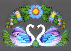 two white swans surrounded by blue flowers and green leaves on a gray background with the word love written below