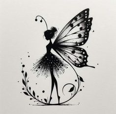 a black and white drawing of a fairy