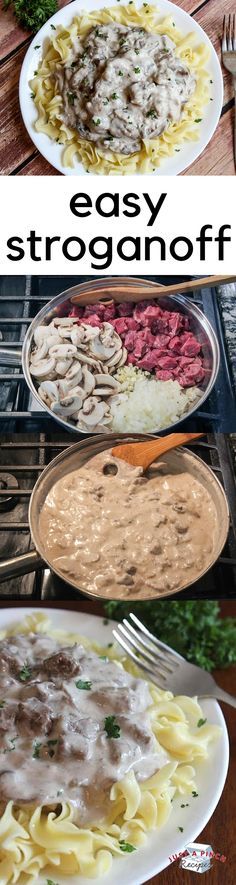 two plates with different types of food on them and the words easy stroganooffi