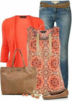 Like the top, necklace and jacket. Outfit Ideas Cardigans, Coral Cardigan, Stitch Fix Outfits, Wardrobe Ideas, Polyvore Outfits