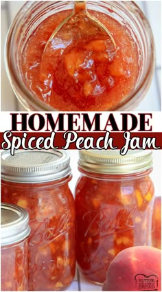 homemade spiced peach jam in jars with text overlay that reads homemade spiced peach jam