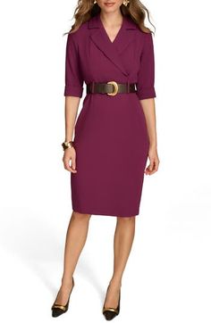 Smooth darts and a bold belt elevate this go-anywhere sheath dress topped by notched lapels. 40 1/2" length Back zip closure Notched lapels Short sleeves Removable belt Lined 63% polyester, 32% rayon, 5% spandex Dry clean Imported Women’s Sheath Dress, Womens Wrap Dress, Trendy Business Casual, Fall Winter Dresses, Daytime Dresses, Dress Silhouette, Business Dresses, Work Outfits Women, Faux Wrap Dress