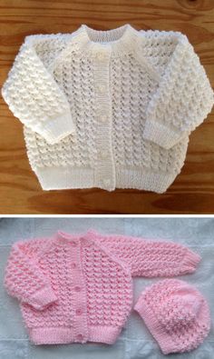 two knitted sweaters, one in pink and the other in white