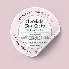 the label for a chocolate chip cookie with pink hearts on it and words written in cursive writing