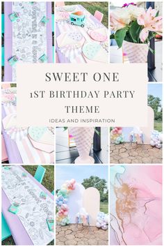 sweet one 1st birthday party theme with pink and blue flowers in vases, ice cream cones