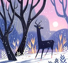 a painting of a deer standing in the middle of a forest with snow falling on it