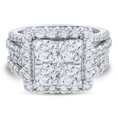 a square shaped diamond ring set with two rows of round diamonds on the band and one row