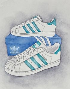 "Signed and Matted Giclee Print of Original Watercolor Painting of Aqua Teal Blue Adidas Superstar Shell Toe Sneakers A giclee print, or fine art print, is an archival print that uses high-quality pigment-based inks and acid-free fine art paper.  Matted Size (exterior dimensions) : 11\" x 14\""