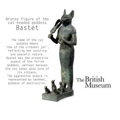 an ancient statue is shown with the caption above it that reads, bronze figures of the cat - headed goddess bastet