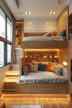 there is a bunk bed with stairs in the room