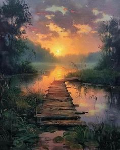 a painting of a sunset over a body of water with a dock in the foreground