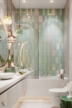 a bathroom with colorful tiles on the wall