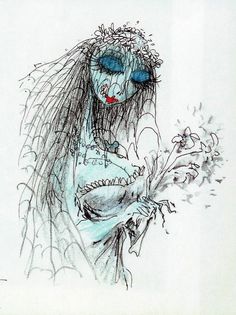 a drawing of a woman with blue eyes and long hair holding a flower in her hand