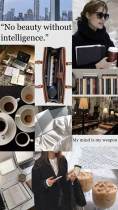 a collage of photos with coffee, books, laptops and other things in it