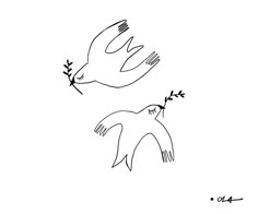 two birds flying next to each other on a white background with the word love written in black ink