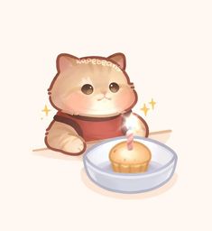 a cat sitting next to a cupcake with a lit candle in it's mouth