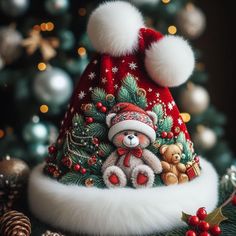 a christmas hat with teddy bears on it