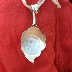 a person wearing a red shirt and holding a silver spoon with a shell on it