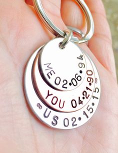 a hand holding a metal keychain with three names on it