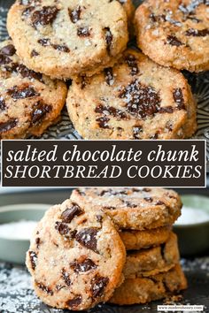 salted chocolate chunk shortbread cookies stacked on top of each other with text overlay